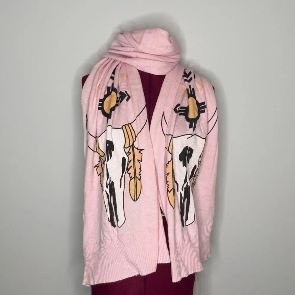 NWT Wildfox Couture Pink Angora Rabbit Hair Scarf with Boho Native Bull Skull